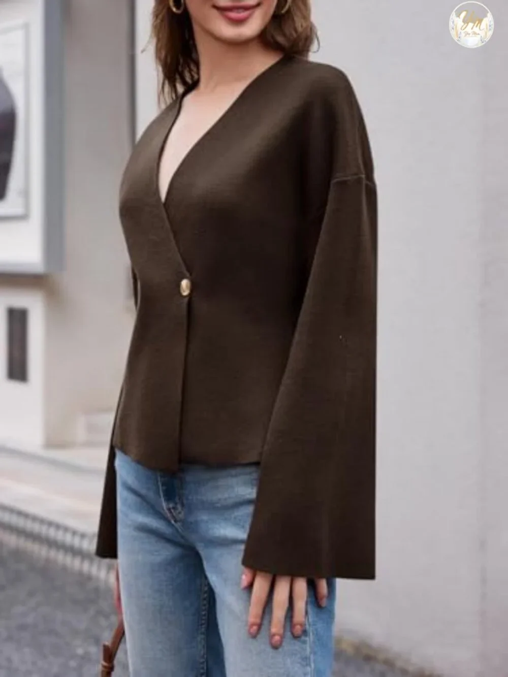 Women's Oversized Double Breasted Knit Cardigan with Bell Sleeves